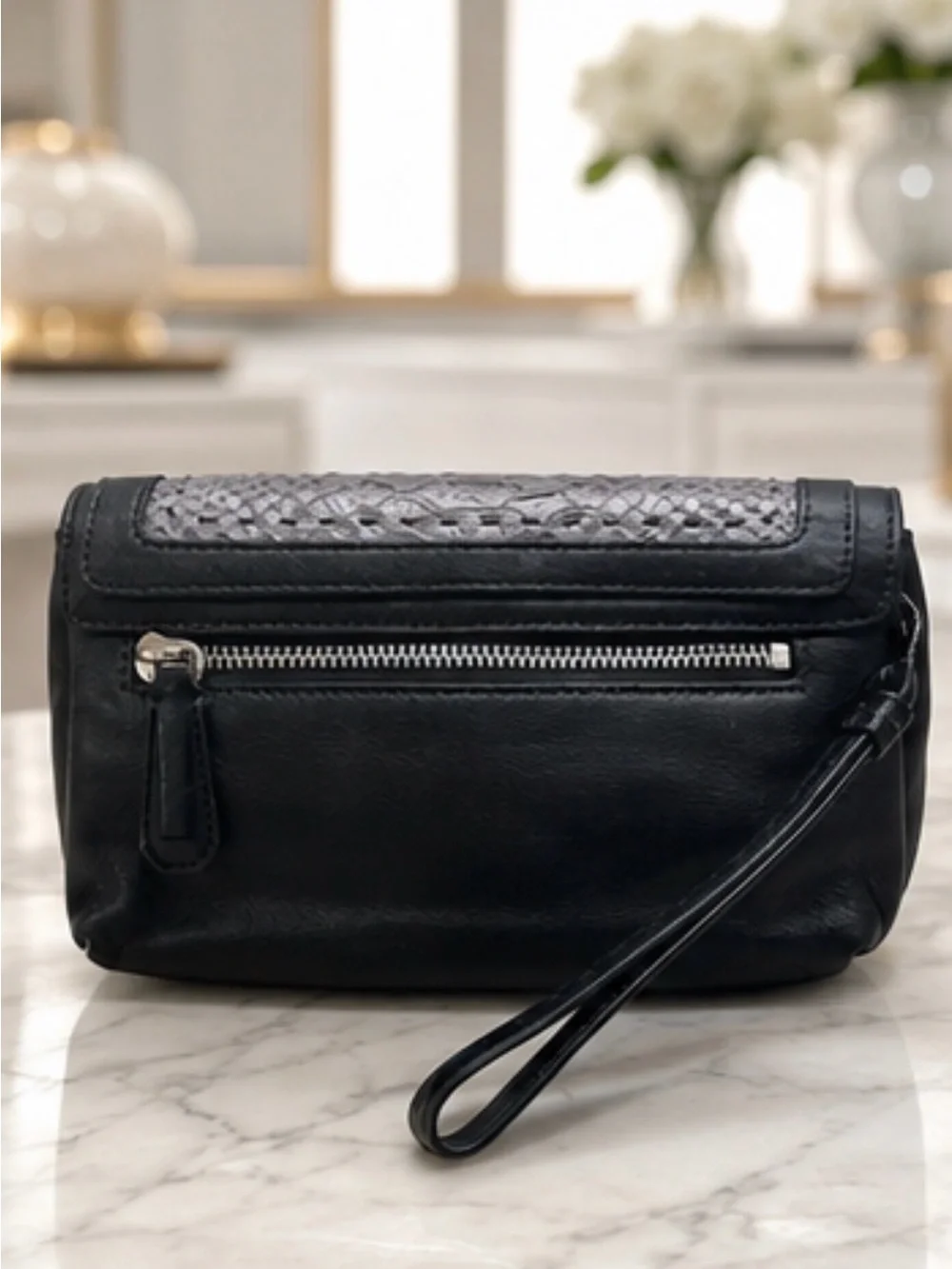 Coach Madison Python Embossed Leather Turnlock Wristlet Clutch Gray Black